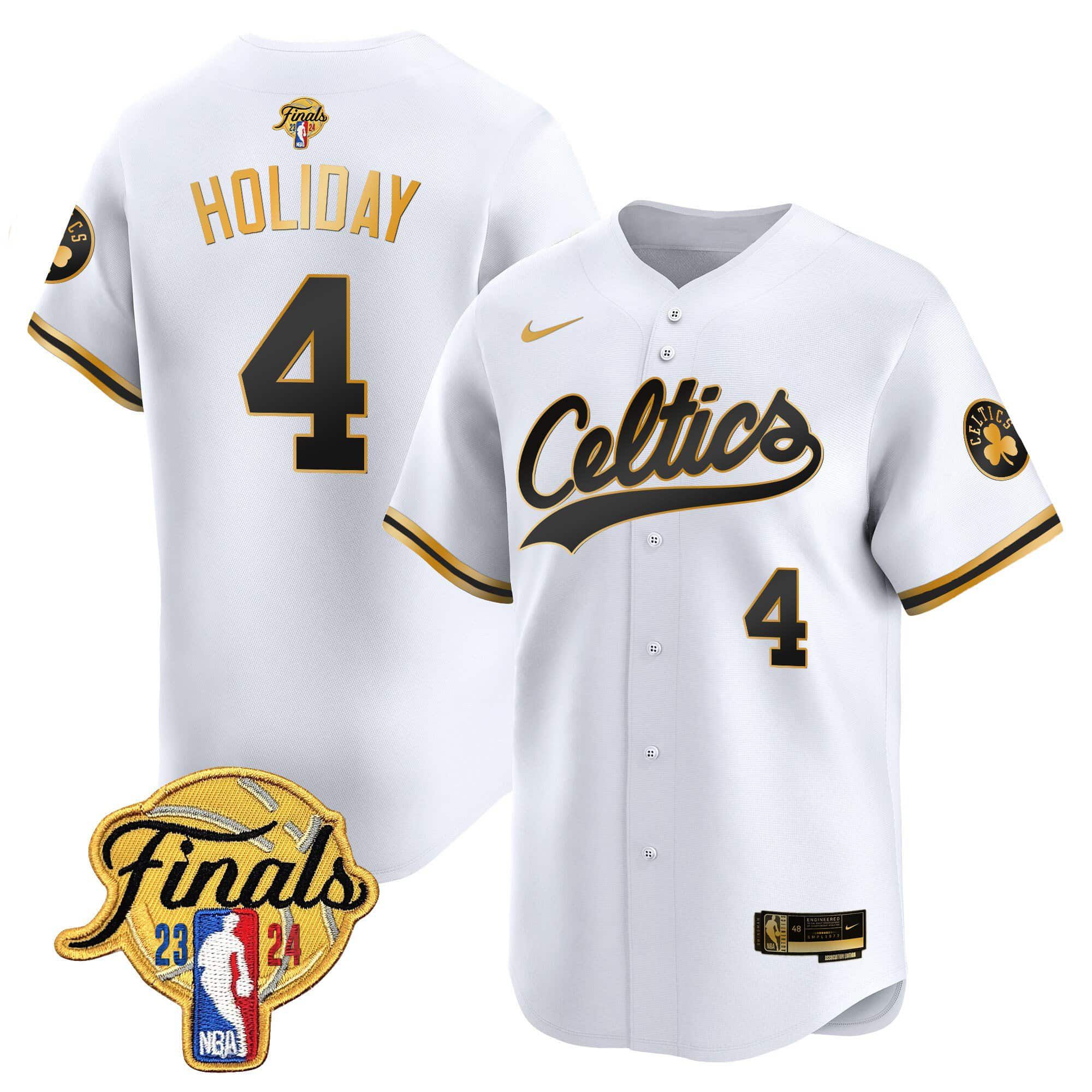 Men Boston Celtics 4 Holiday White 2024 Nike Finals Patch Baseball NBA Jersey
